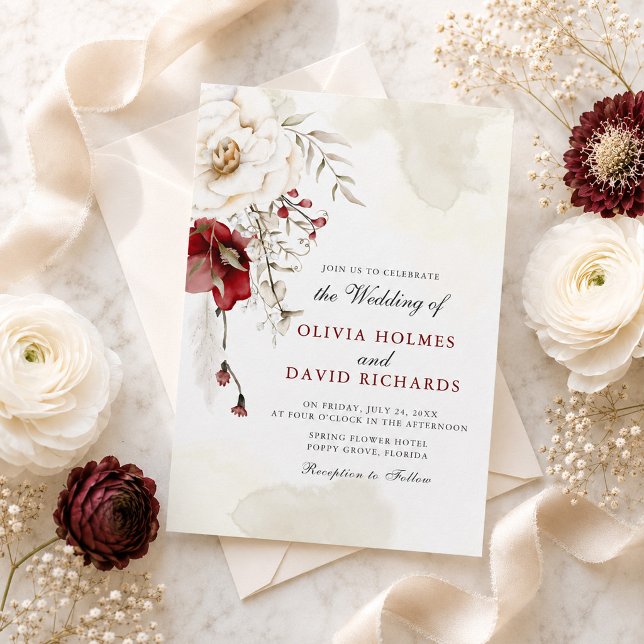 Burgundy Ivory Botanical Wedding Invitation (Burgundy Ivory Botanical Wedding Invitation)