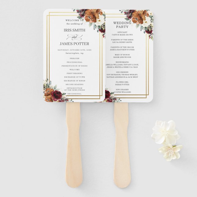 Burgundy Ivory Burnt Orange Floral Wedding Program Hand Fan (Front and Back)