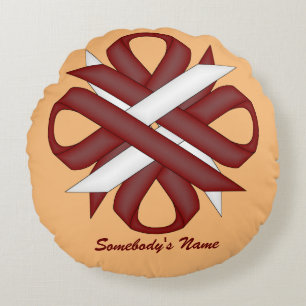 Burgundy-Ivory Clover Ribbon by Kenneth Yoncich Round Pillow