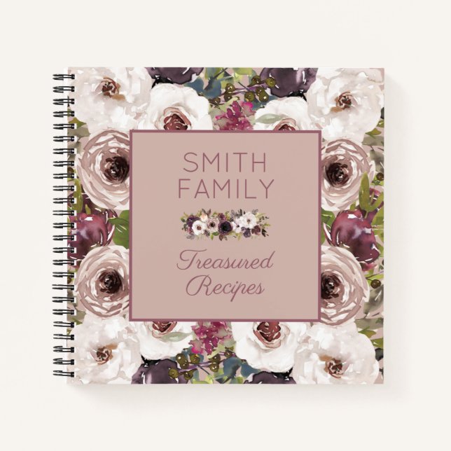 Burgundy Ivory Cream Floral Polka Dot Recipe Notebook (Front)