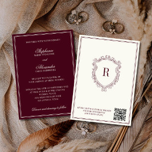 Burgundy & Ivory Crest Old Money QR Code Wedding Invitation