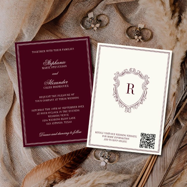 Burgundy & Ivory Crest Old Money QR Code Wedding Invitation (Creator Uploaded)