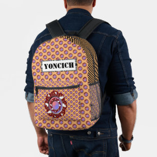Burgundy-Ivory Disc Ribbon by Kenneth Yoncich Printed Backpack