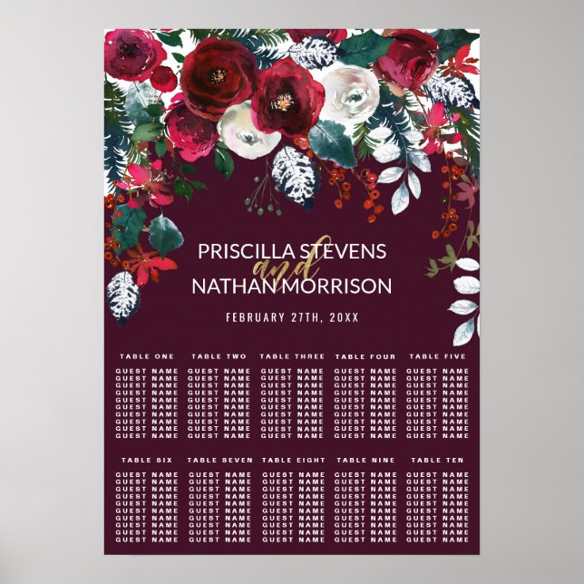 Burgundy Ivory Floral Arrangement Seating Chart (Front)