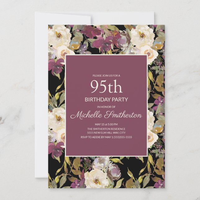 Burgundy Ivory Floral Foliage Black 95th Birthday Invitation (Front)