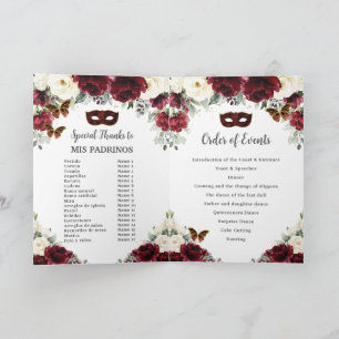 Burgundy Ivory Floral Gold Quinceañera Masquerade  Program