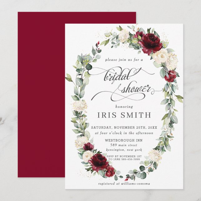 Burgundy Ivory Floral Leafy Wreath Bridal Shower Invitation (Front/Back)