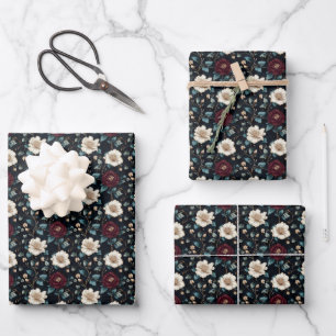 Burgundy & Ivory Floral on Black Wrapping Paper Sheet