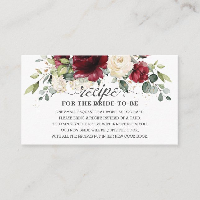 Burgundy Ivory Floral Recipe for the Bride to Be Enclosure Card (Front)