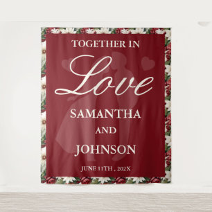 Burgundy Ivory Floral Wedding Fabric Banner Tapestry