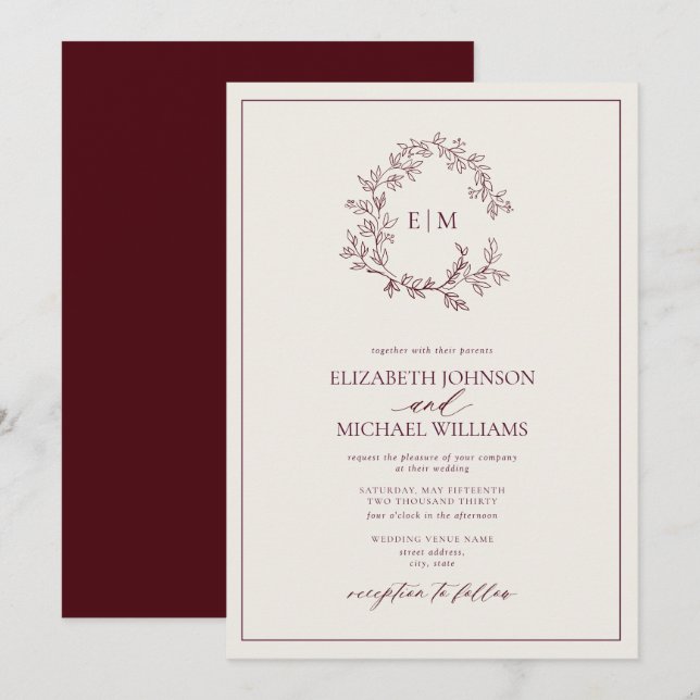 Burgundy Ivory Leafy Crest Monogram Wedding  Invitation (Front/Back)