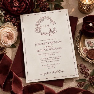 Burgundy Ivory Leafy Crest Monogram Wedding Invitation