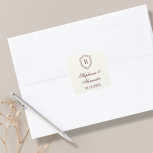 Burgundy & Ivory Monogram Crest Old Money Wedding Square Sticker
