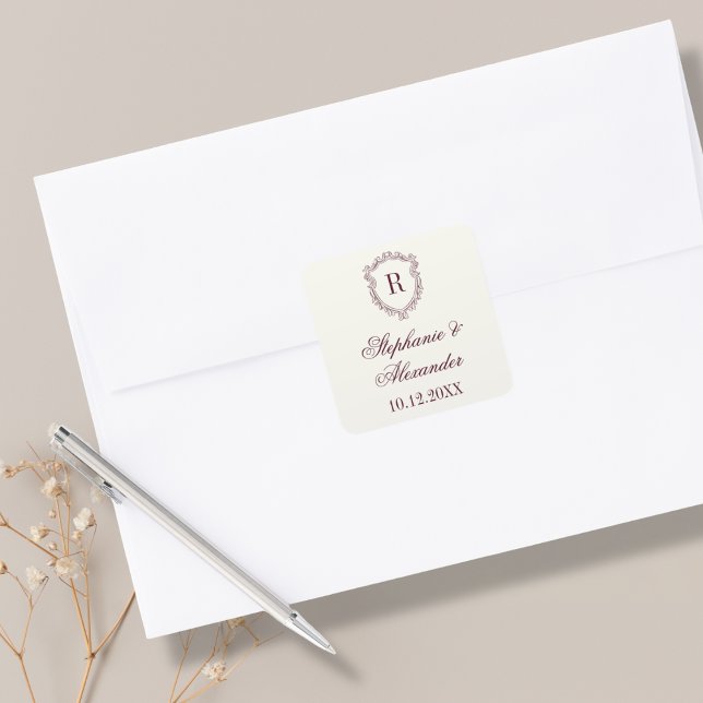 Burgundy & Ivory Monogram Crest Old Money Wedding Square Sticker (Creator Uploaded)