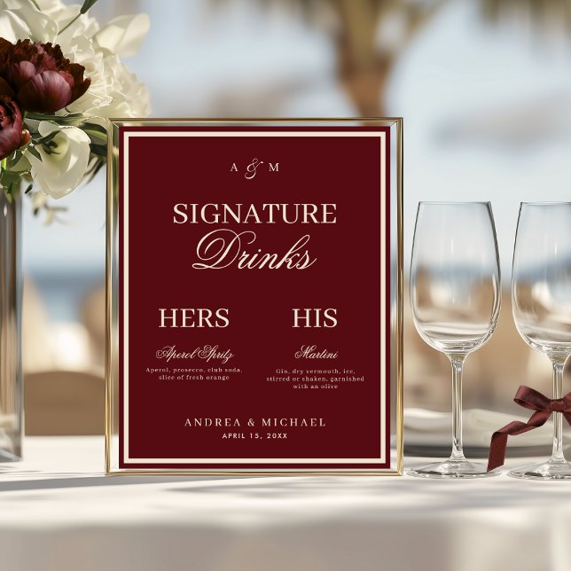 Burgundy & Ivory Old Money Signature Drinks Sign (Creator Uploaded)
