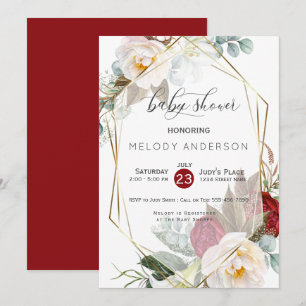 Burgundy Ivory Peonies Botanical Baby Shower Invitation