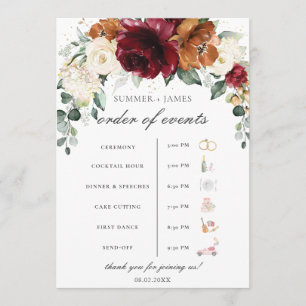 Burgundy Ivory Rust Floral Wedding Order of Event  Program