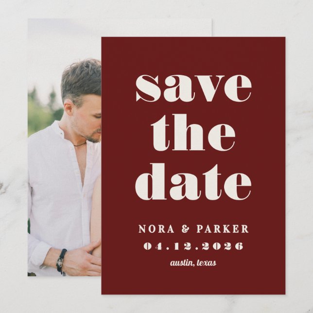 Burgundy & Ivory Simple Modern Formal Wedding Save The Date (Front/Back)