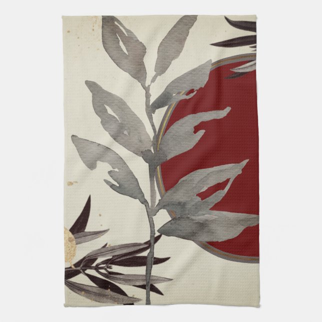 Burgundy & Ivory Watercolor Leaves Kitchen Towel (Vertical)