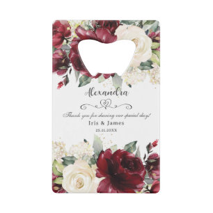 Burgundy Ivory White Floral Greenery Wedding Favou Credit Card Bottle Opener