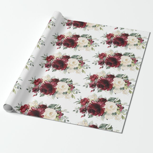 Burgundy Ivory White Floral Greenery  Wrapping Paper (Unrolled)