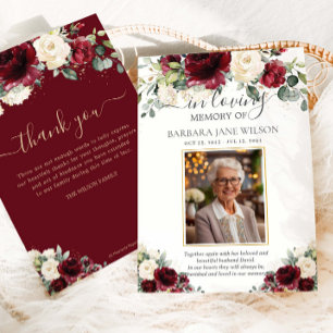 Burgundy Ivory White Floral Photo Funeral Memorial Thank You Card