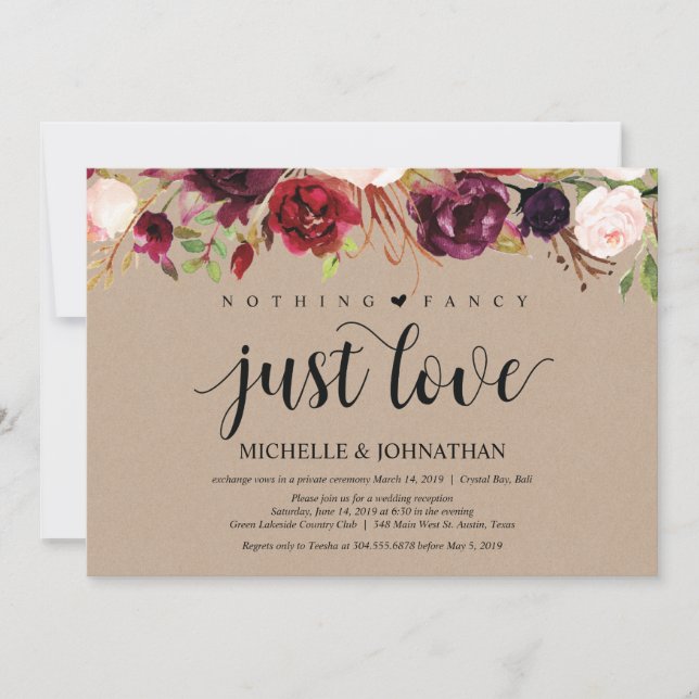 Burgundy Kraft Floral Elopement Reception Invites (Front)
