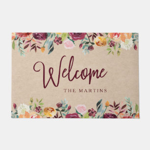 Burgundy Kraft   Rustic Floral Welcome Doormat