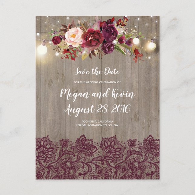 Burgundy Lace and Flowers Rustic Save the Date Announcement Postcard (Front)