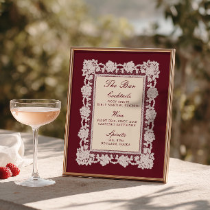 Burgundy Lace Frame Wedding Bar Menu Poster
