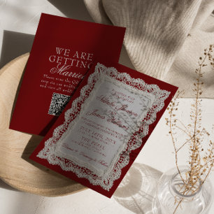 Burgundy Lace Old Money Doily QR Code Wedding Invitation