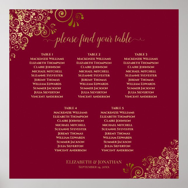 Burgundy & Lacy Gold Elegant 5 Table Seating Chart (Front)