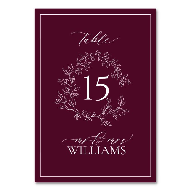 Burgundy Leafy Crest Monogram Floral Wedding Table Number (Front)