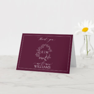 Burgundy Leafy Crest Monogram Photo Thank You Card