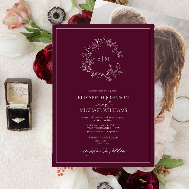 Burgundy Leafy Crest Monogram Photo Wedding  Invitation (Creator Uploaded)