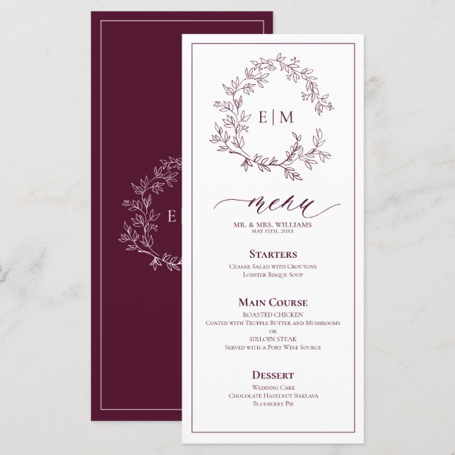 Burgundy Leafy Crest Monogram Wedding Menu (Front/Back)