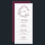 Burgundy Leafy Crest Monogram Wedding Menu<br><div class="desc">Understated elegance meets timeless design with this Burgundy Monogram Wedding Menu, designed for couples who appreciate refined simplicity. Featuring a delicate hand-drawn crest and flowing script, this menu perfectly complements a sophisticated wedding tablescape—ideal for vineyard receptions, intimate garden affairs, or grand ballroom celebrations. Designed for seamless coordination with matching invitations,...</div>