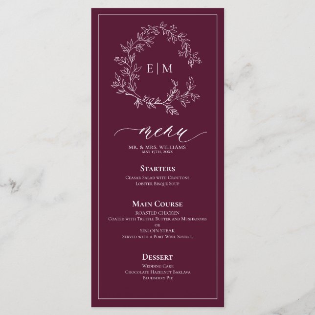 Burgundy Leafy Crest Monogram Wedding Menu (Front)