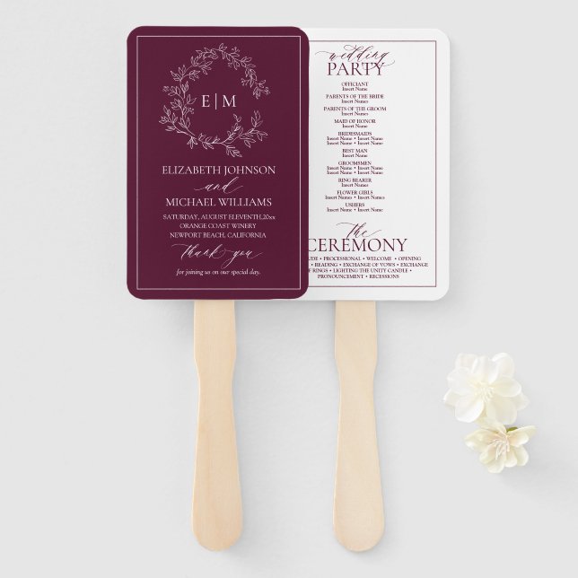 Burgundy Leafy Crest Monogram Wedding Program Hand Fan (Front and Back)