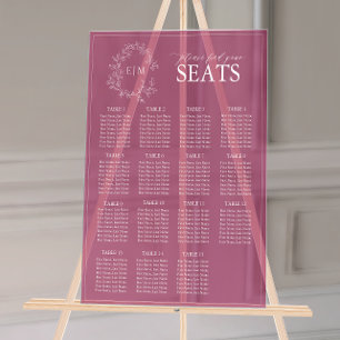 Burgundy Leafy Crest Monogram Wedding Seating Acrylic Sign