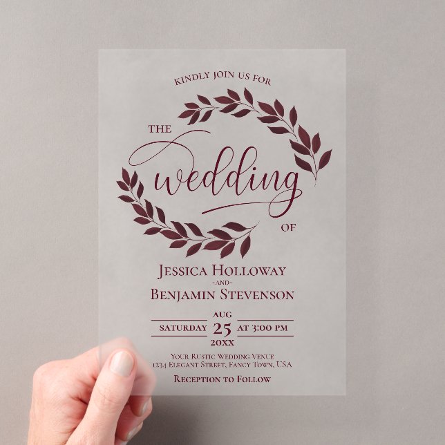 Burgundy Leaves Elegant Modern Script Wedding Acrylic Invitations (Insitu (Handheld))