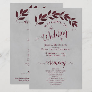 Burgundy Leaves on Grey Budget Wedding Program