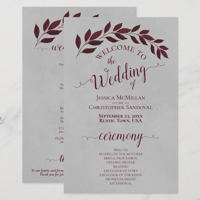 Burgundy Leaves on Grey Budget Wedding Program (Front/Back)