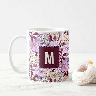 Burgundy Leaves Purple Floral Pattern Monogram Coffee Mug