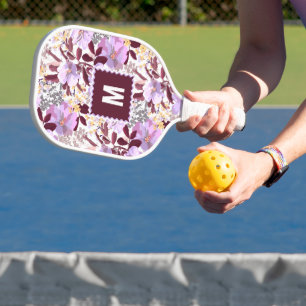 Burgundy Leaves Purple Floral Pattern Monogram Pickleball Paddle