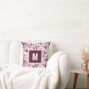 Burgundy Leaves Purple Floral Pattern Monogram Throw Pillow