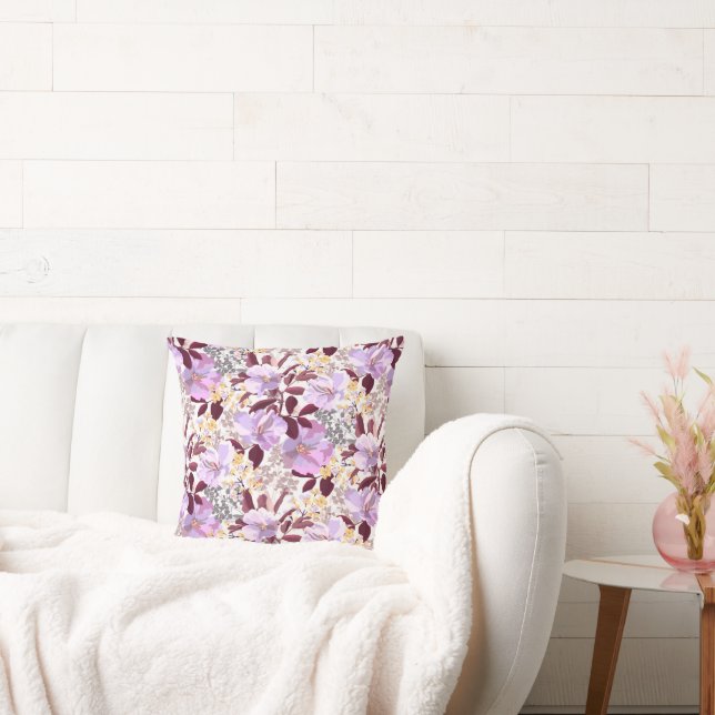 Burgundy Leaves Purple Floral Pattern  Throw Pillow (Couch)