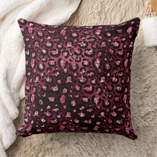 Burgundy Leopard Print Glitter Throw Pillow