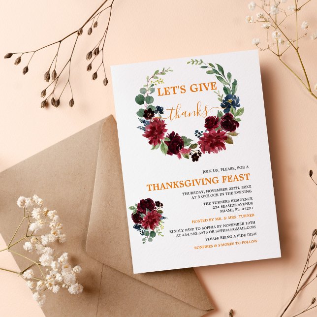 Burgundy Let's Give Thanks Thanksgiving Feast  Invitation (Creator Uploaded)