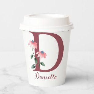 Burgundy Letter D and Blush Floral Personalized Paper Cups